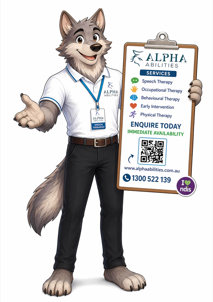 Alpha Abilities mascot - a friendly wolf therapist holding a services clipboard