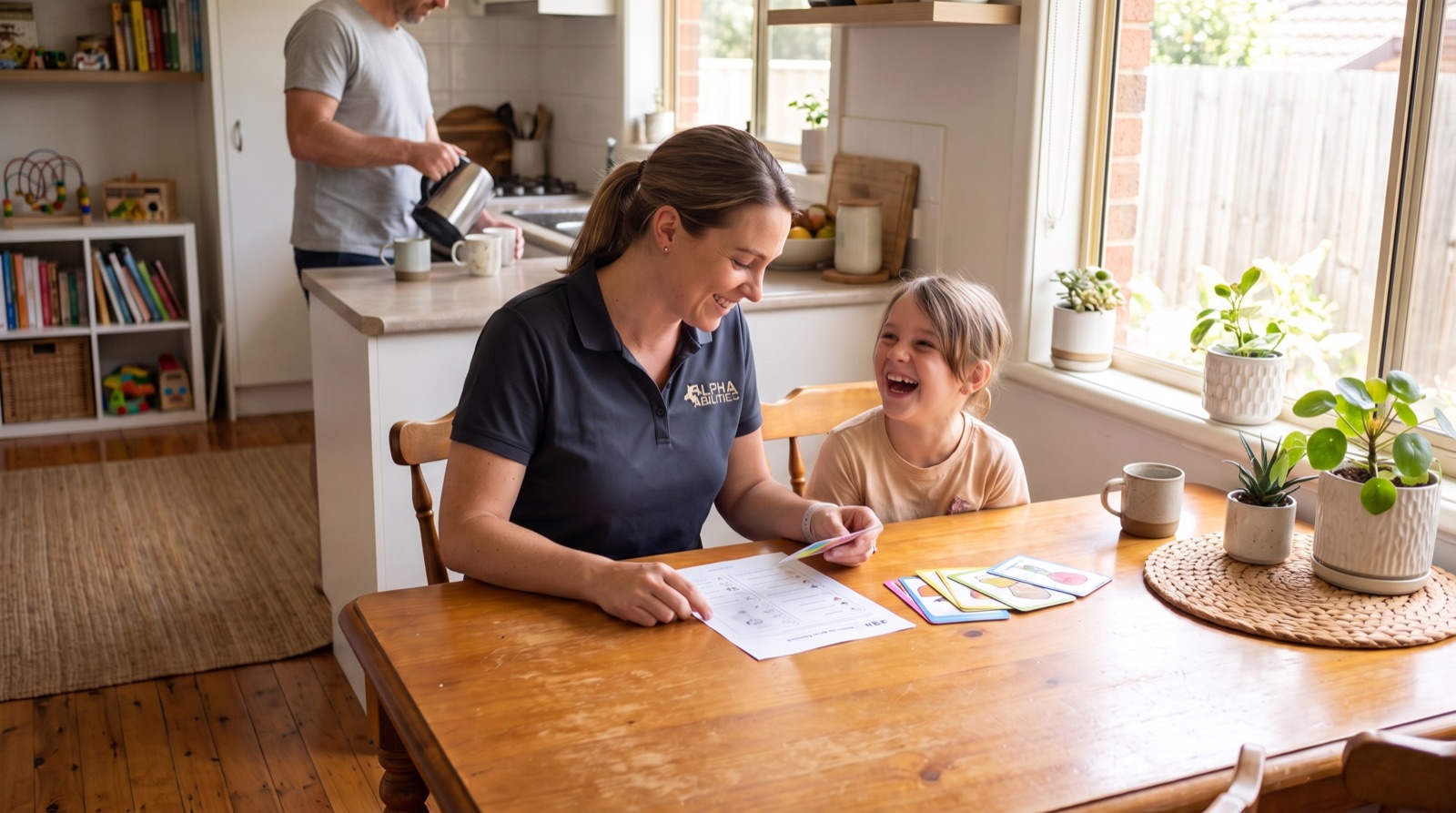An Alpha Abilities therapist and a laughing child doing an activity together at the kitchen table at home